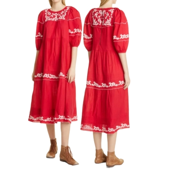 THE GREAT The Heirloom Cotton Midi Dress Red Embroidered Floral Sz 12 - Picture 1 of 5